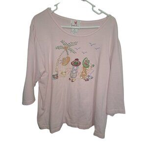 Quacker Factory Pink Beaded Tee w/ Besties Beach Scene Size XL